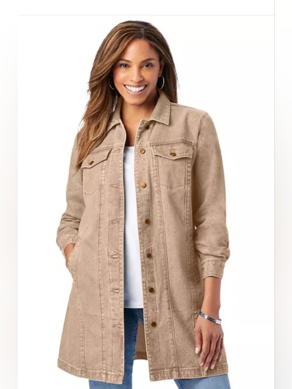 Jessica London Womens Size 18 Long Denim Jacket Khaki/Tan 100% Cotton
